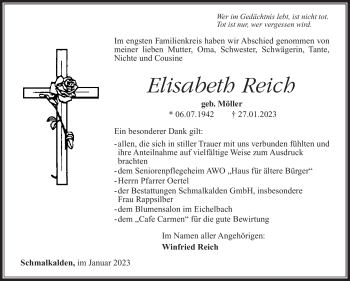 Traueranzeige von Elisabeth Reich von Südthüringer Presse