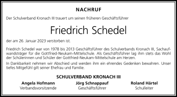 Traueranzeige von Friedrich Schedel von Neue Presse Coburg
