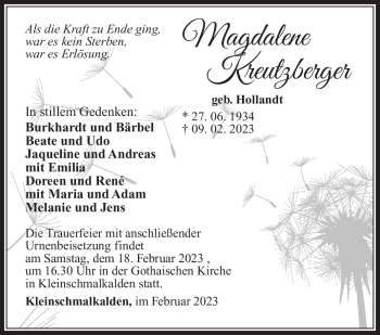 Traueranzeige von Magadlene Kreutzberger von Südthüringer Presse