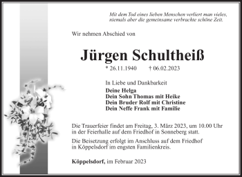Traueranzeige von Jürgen Schultheiß von Südthüringer Presse