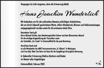 Traueranzeige von Hans Joachim Wunderlich von Südthüringer Presse
