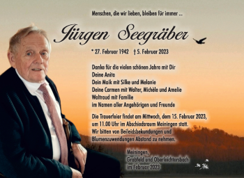 Traueranzeige von Jürgen Seegräber von Südthüringer Presse
