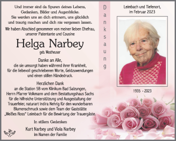 Traueranzeige von Helga Narbey von Südthüringer Presse