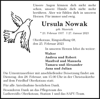 Traueranzeige von Ursula Nowak von Frankenpost