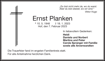 Traueranzeige von Ernst Planken von Frankenpost