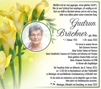 Traueranzeige von Gudrun Brückner von Südthüringer Presse