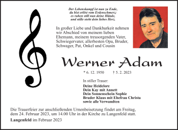 Traueranzeige von Werner Adam von Südthüringer Presse