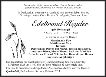 Traueranzeige von Edeltraud Heyder von Südthüringer Presse