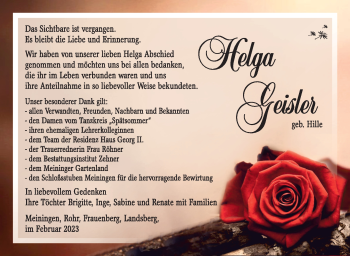 Traueranzeige von Helga Geisler von Südthüringer Presse