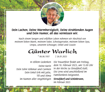 Traueranzeige von Günter Warlich von Südthüringer Presse