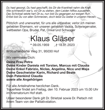 Traueranzeige von Klaus Gläser von Frankenpost