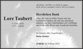 Traueranzeige von Lore Taubert von Südthüringer Presse