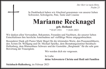 Traueranzeige von Marianne Recknagel von Südthüringer Presse