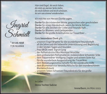 Traueranzeige von Ingrid Schmidt von Südthüringer Presse