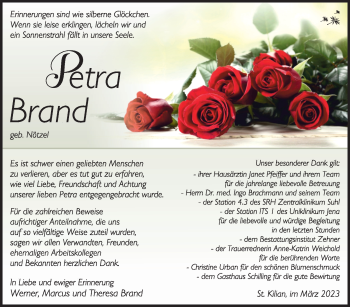 Traueranzeige von Petra Brand von Südthüringer Presse