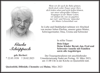 Traueranzeige von Gisela Schöppach von Südthüringer Presse