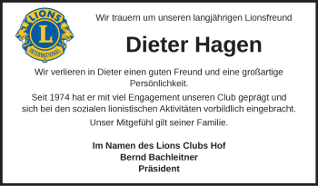 Traueranzeige von Dieter Hagen von Frankenpost