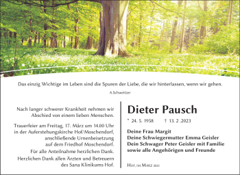 Traueranzeige von Dieter Pausch von Frankenpost