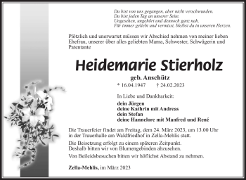 Traueranzeige von Heidemarie Stierholz von Südthüringer Presse