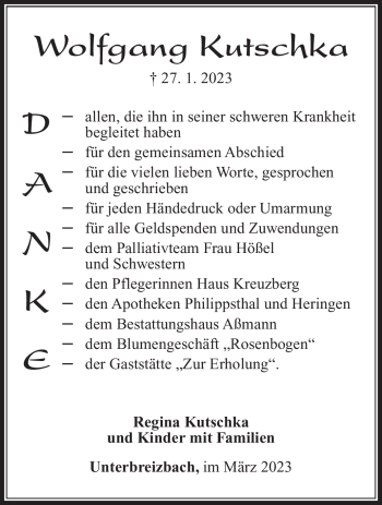 Traueranzeige von Wolfgang Kutschka von Südthüringer Presse