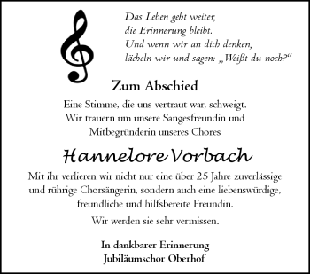 Traueranzeige von Hannelore Vorbach von Südthüringer Presse