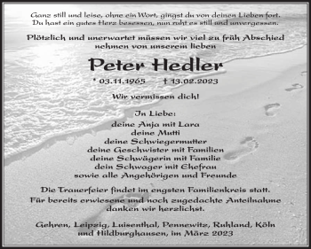 Traueranzeige von Peter Hedler von Südthüringer Presse