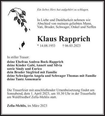 Traueranzeige von Klaus Rapprich von Südthüringer Presse