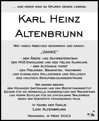 Traueranzeige von Karl Heinz Altenbrunn von Südthüringer Presse