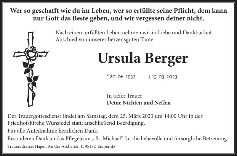  Traueranzeige für Ursula Berger vom 22.03.2023 aus Frankenpost