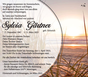 Traueranzeige von Sylvia Gärtner von Südthüringer Presse