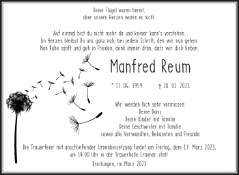 Traueranzeige von Manfred Reum von Südthüringer Presse