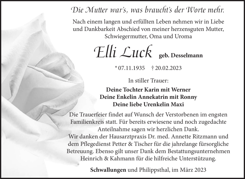  Traueranzeige für Elli Luck vom 04.03.2023 aus Südthüringer Presse