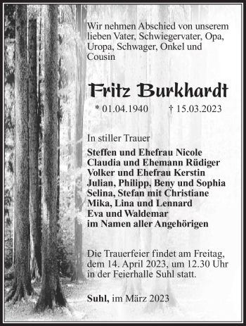 Traueranzeige von Fritz Burkhardt von Südthüringer Presse