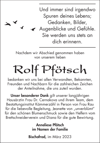 Traueranzeige von Rolf Pfötsch von Südthüringer Presse
