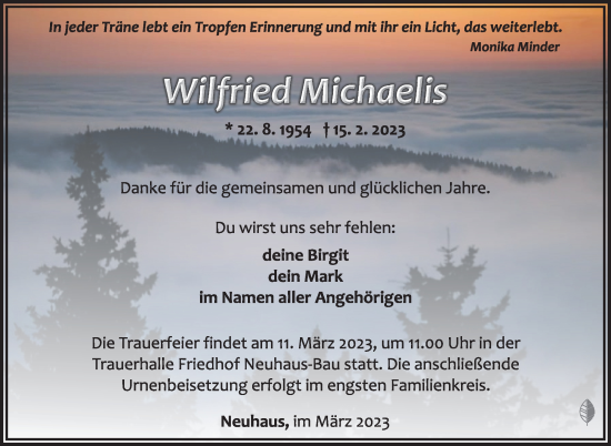 Traueranzeige von Wilfried Michaelis von Südthüringer Presse