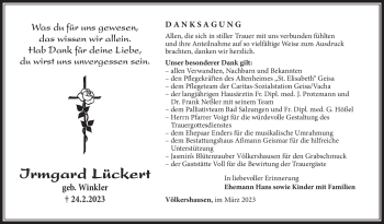 Traueranzeige von Irmgard Lückert von Südthüringer Presse
