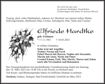 Traueranzeige von Elfriede Hardtke von Südthüringer Presse
