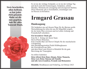 Traueranzeige von Irmgard Grassau von Südthüringer Presse