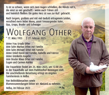 Traueranzeige von Wolfgang Other von Südthüringer Presse