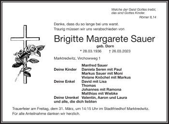 Traueranzeige von Brigitte Margarete Sauer von Frankenpost