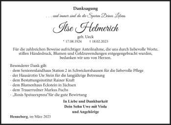 Traueranzeige von Ilse Helmerich von Südthüringer Presse