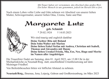 Traueranzeige von Margarete Lutz von Südthüringer Presse