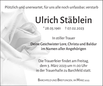 Traueranzeige von Ulrich Stäblein von Südthüringer Presse