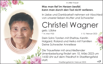 Traueranzeige von Christel Wagner von Südthüringer Presse