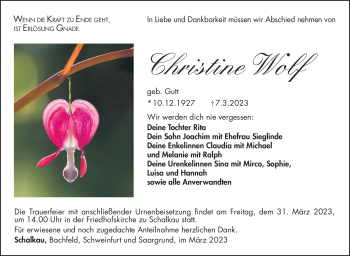 Traueranzeige von Christine Wolf von Südthüringer Presse