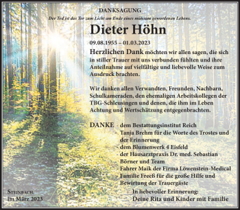 Traueranzeige von Dieter Höhn von Südthüringer Presse