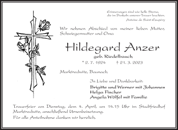 Traueranzeige von Hildegard Anzer von Frankenpost