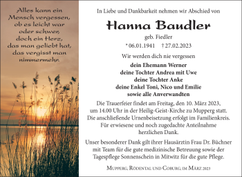 Traueranzeige von Hanna Baudler von Südthüringer Presse