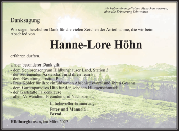 Traueranzeige von Hanne-Lore Höhn von Südthüringer Presse