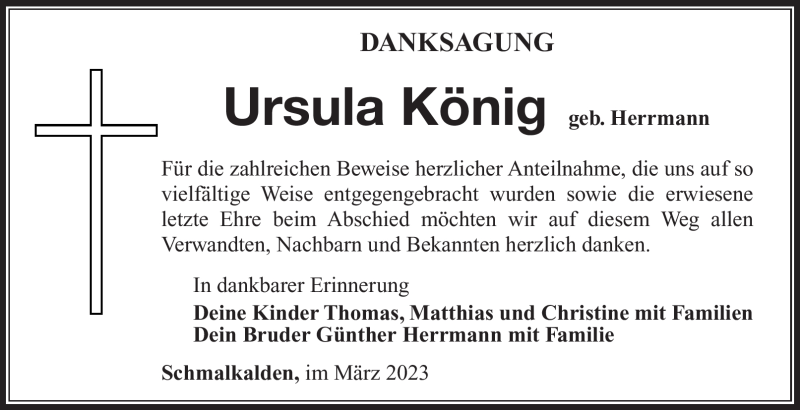  Traueranzeige für Ursula König vom 18.03.2023 aus Südthüringer Presse